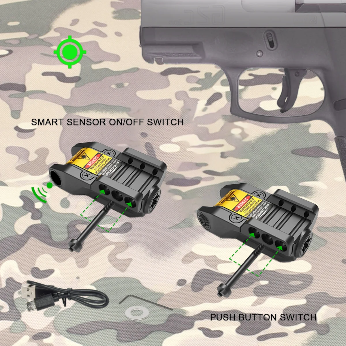 

Smart Sensor USB Rechargeable Green Laser Sight Pointer Rifle Gun Scope Fit Airsoft Glock 17 19 With 20mm Rail