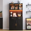 LED Kitchen Pantry Cabinet with Outlets, Farmhouse Storage Cabinet with Drawers & Adjustable Shelves, Cupboard with Pegboard and 1