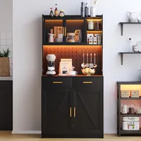 LED Kitchen Pantry Cabinet with Outlets, Farmhouse Storage Cabinet with Drawers & Adjustable Shelves, Cupboard with Pegboard and 1