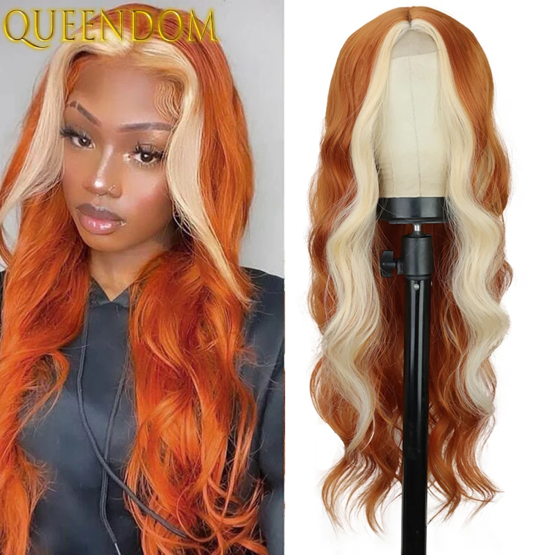 

Ginger Orange Body Wave Lace Wig with Blonde Highlight Long Wavy Skunk Stripe Lace Wig Synthetic Hair Wigs for Women Halloween