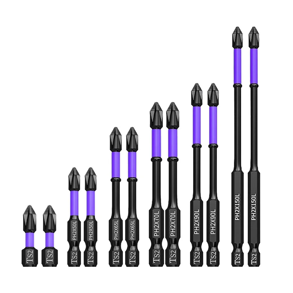 2pcs Non-slip Cross Screwdriver Set PH2 Magnetic Batch Head PH2 Magnetic Batch Head Impact Screw Driver Bit 25/50/65/70/90/150mm