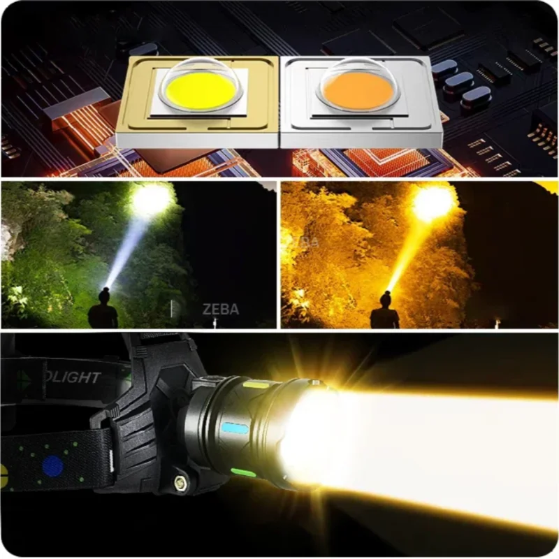 2026 초강력 LED 헤드라이트 790000000LM 흰색 및 노란색 조명 슈퍼 밝은 헤드램프 강력한 조명 5500M 낚시 헤드 토치