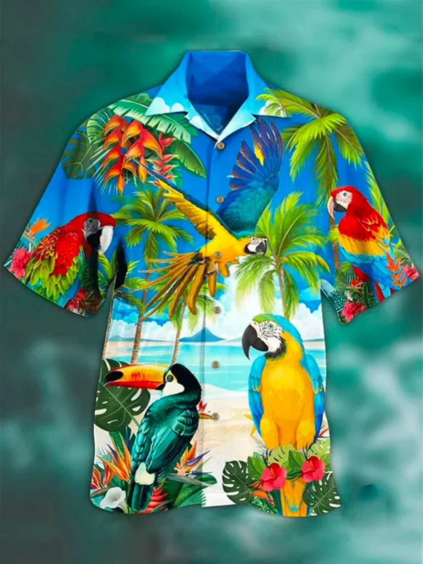 

Hawaiian Shirt For Men Summer Beach Vintage Tropical Animals Pattern Y2kStreetwear T-Shirt Short Sleeve Oversized 5XL Clothes