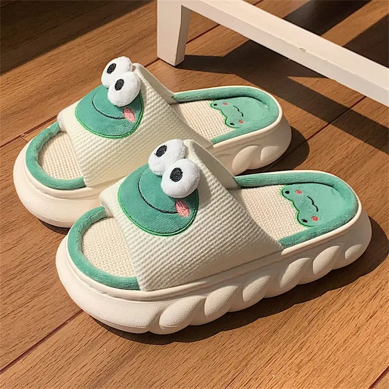 

Lovely Frog Linen Slippers Women Shoes Couples Non Slip Thick Soled Spring Summer Cotton Linen Cool Slippers Home Slippers Slide