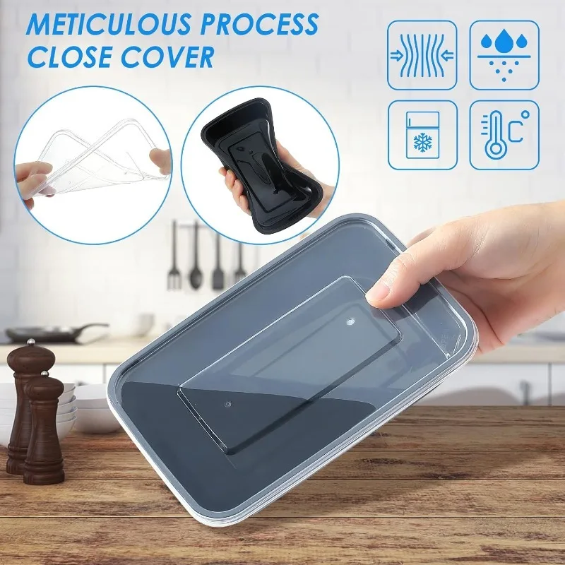 Disposable Food Containers 480/650/870ML Black Kitchen Fridge Storage Box with Lids Leakproof Lunch Box for Fruit Salad Sandwich