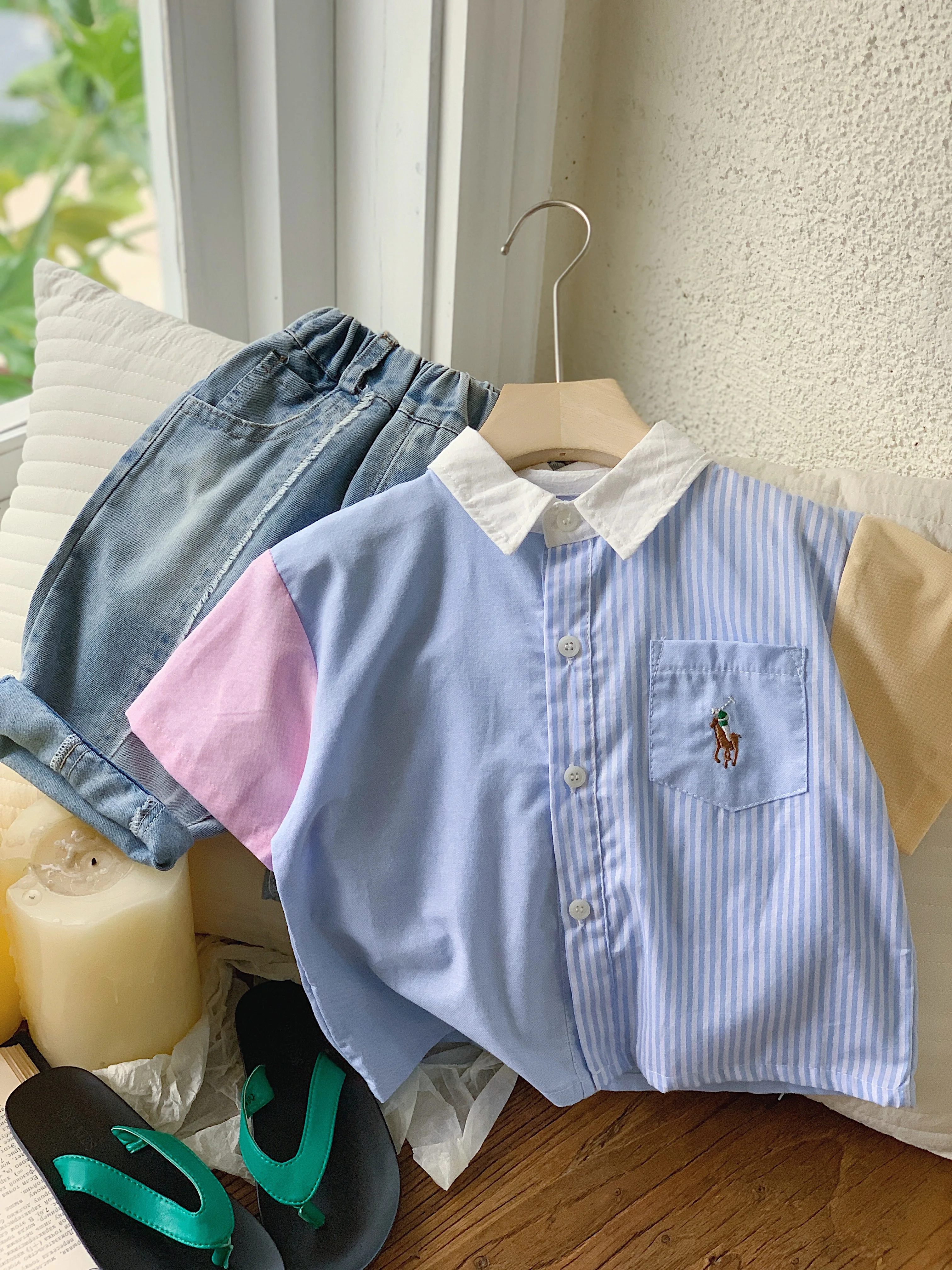 Children's short sleeved shirt with added sugar summer new product, boys' color blocked shirt, Korean version, children's c