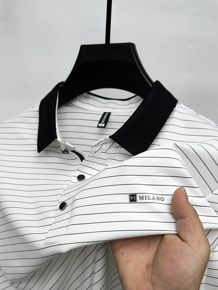 Advanced Ice Silk Breathable Short sleeve T-shirt for Men's 2024Summer New Trendy Stripe Letter Print Business Casual Polo Shirt 18 S95c529cb55e74058811c6c6ffab9f855R