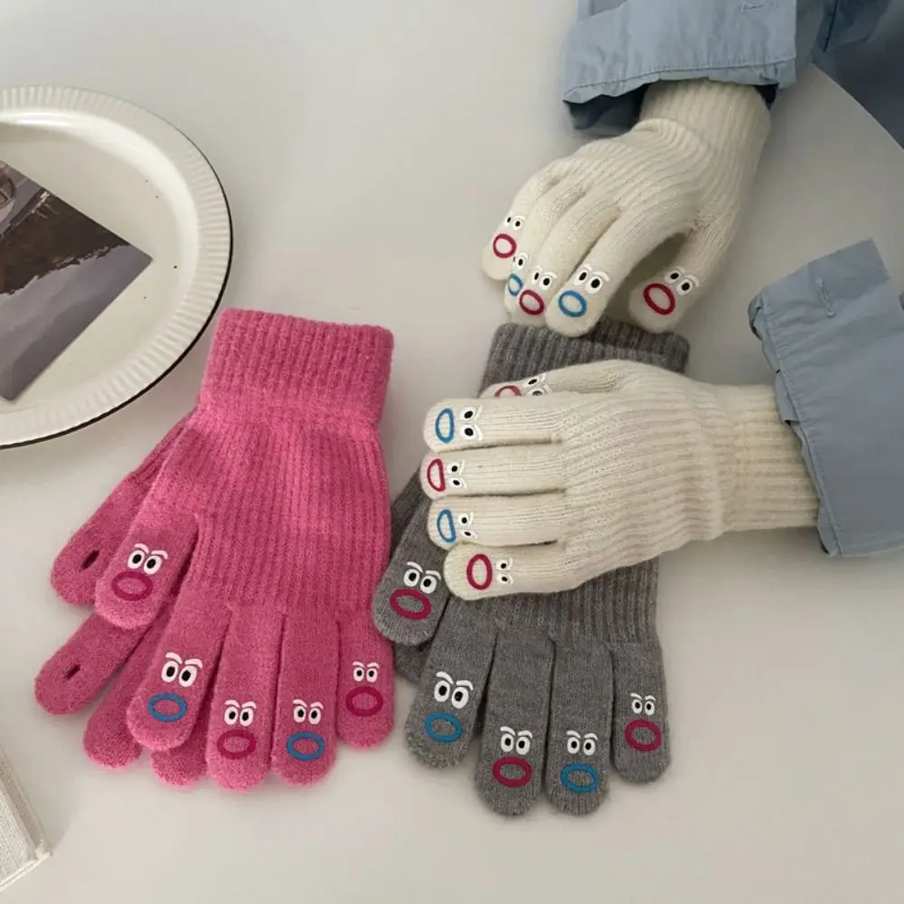 

Однотонные перчатки с эмоциями, милые шерстяные вязаные перчатки с мультяшным рисунком, ветрозащитные перчатки в Корейском стиле с закрытыми пальцами для дам