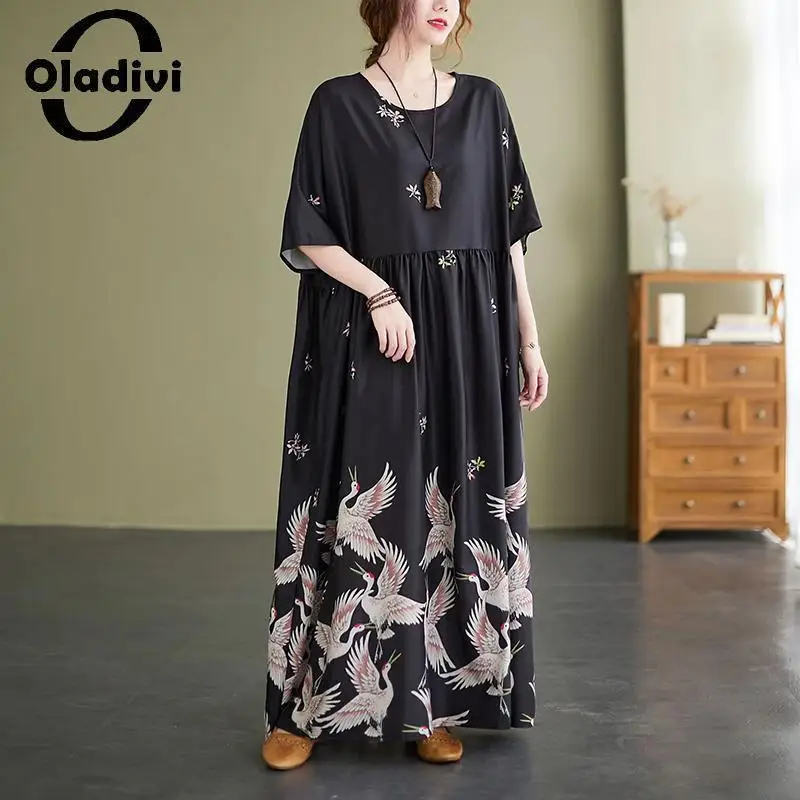 

Oladivi Fashion Print Women Large Size Bohemian Beach Dress Summer New Short Sleeve Long Boho Dresses Ladies Oversized Robe 8103