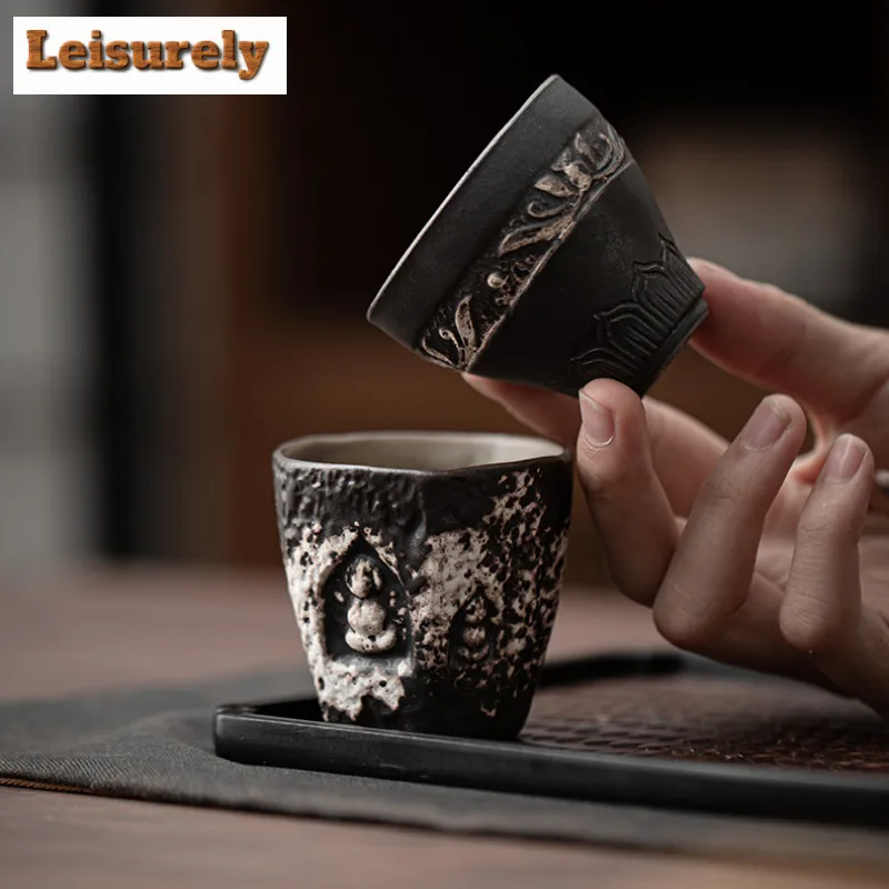 Wabi Sabi Style Black Pottery Mud Teacup Lotus Petal Master Cup Tasting Meditation Cup Personal Tea Bowl Kungfu Teaset Drinkware