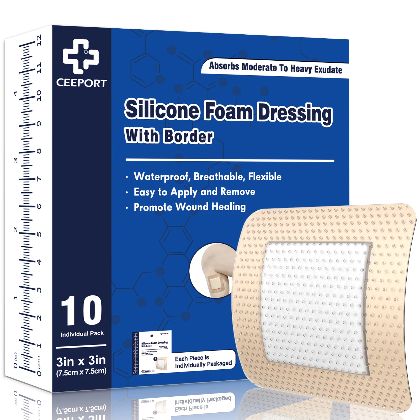 Ceeport 10pcs 3x3Silicone Foam Dressing Waterproof and High Absorbency Wound Bandage,Silicone Foam Border Pad for Wound Care
