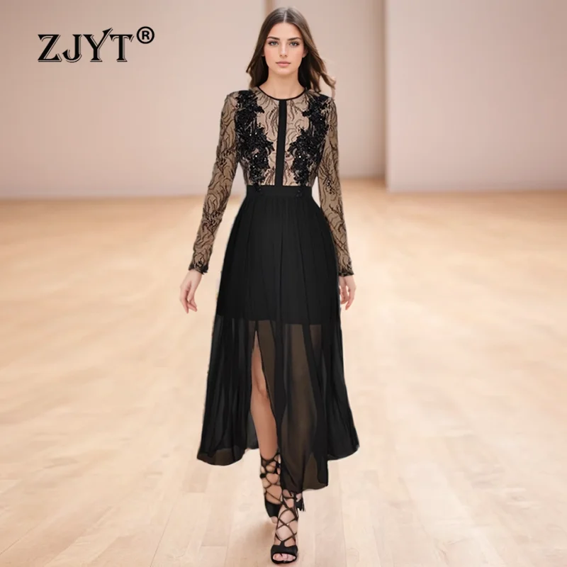 

ZJYT Beading Lace Sexy Long Black Dresses for Party Women 2024 Spring Runway Long Sleeve Evening Cocktail Dress Elegant Luxury