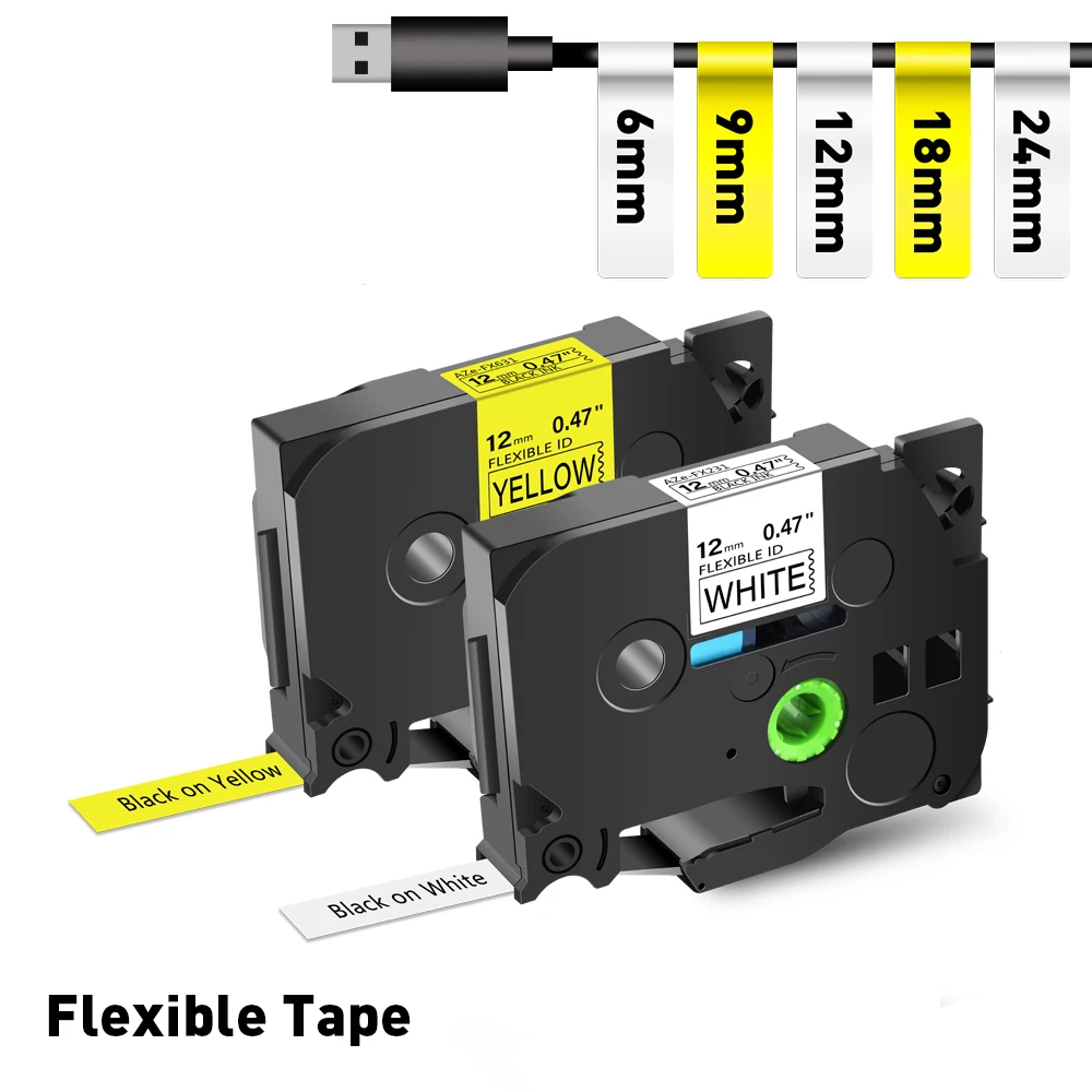 1pcs Compatible for Brother TZe-FX231 FX131 FX631 Flexible ID Cable Black on White Label Tapes for P-touch D450 Label Printers