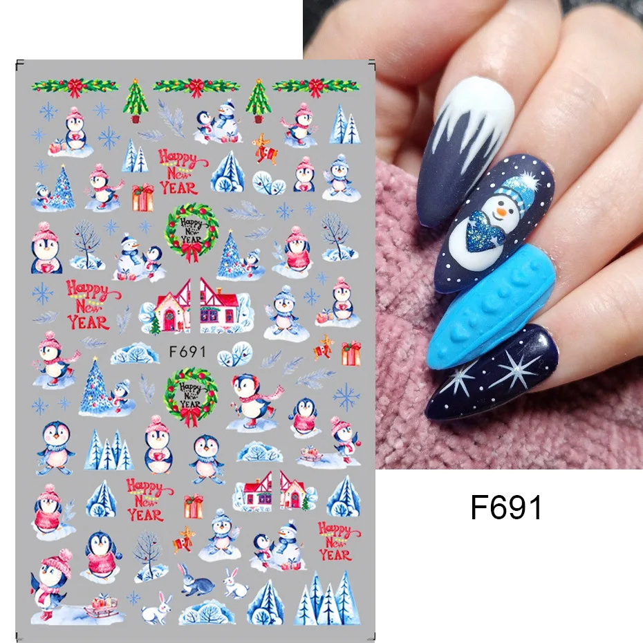 Cartoon 3D Santa Claus Snowman Nail Stickers Christmas Series Nail Art Decoration Relief Snowflakes Leaves Stickers For Nails