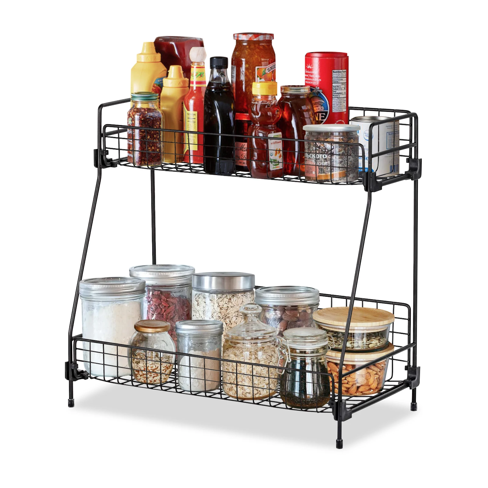 Standing 2 Tiers Spice Herb Jar Rack Holder Storage Organizer Counter Shelf Black: 3 - 5 Days Free Delivery Only UK