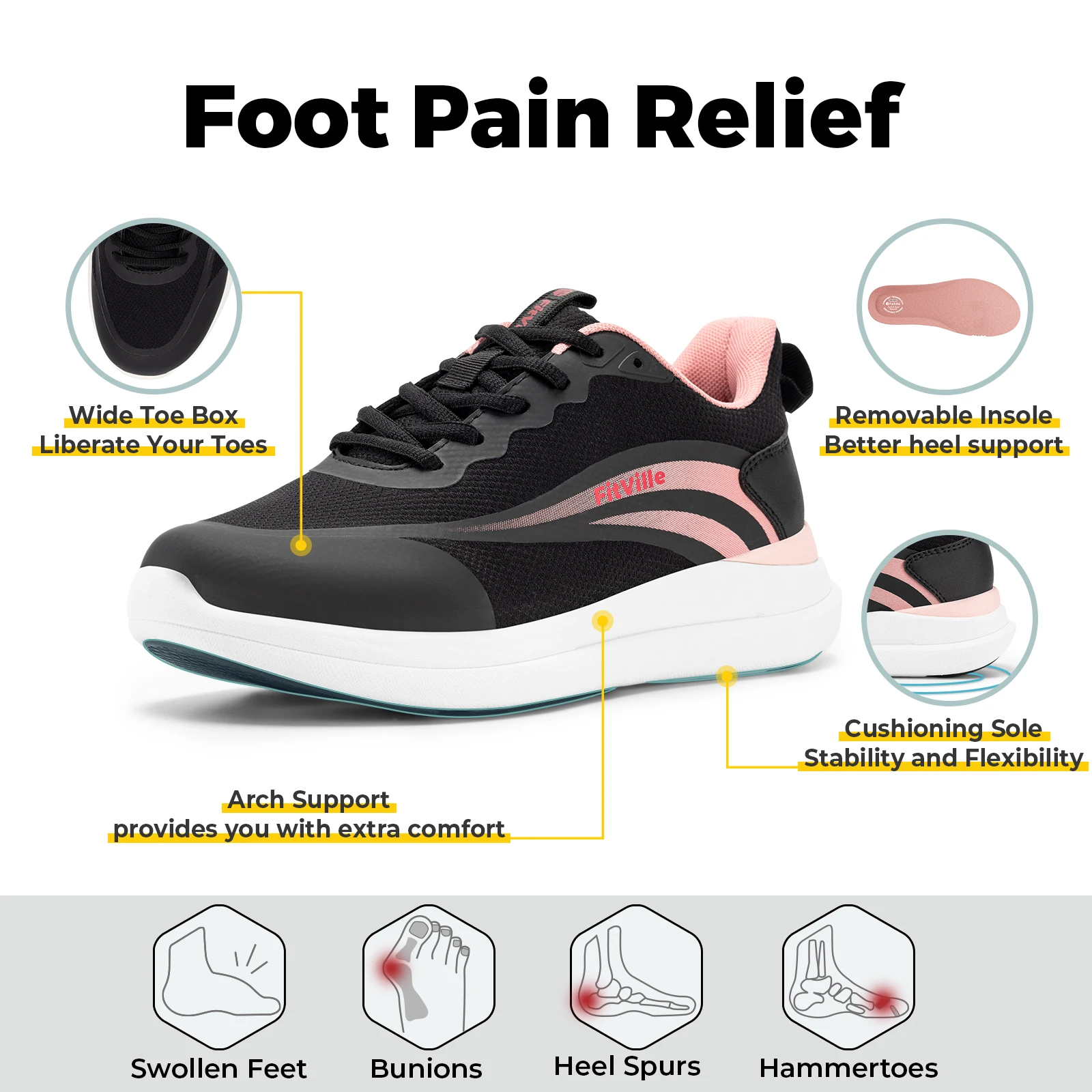 FitVille Women's Shoes Comfortable Wide Running Athletic Workout Gym Cross Training Sneakers for Foot and Heel Pain Relief 6