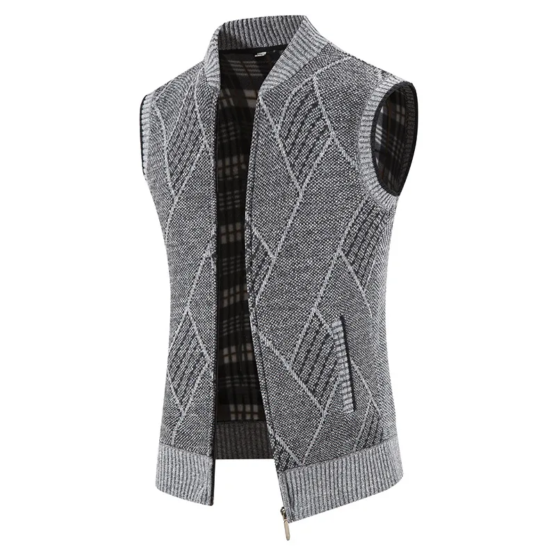 Men's winter warm vest with plush and thick waistcoat, standing collar, sleeveless sweater, knitted cardigan, shoulder vest