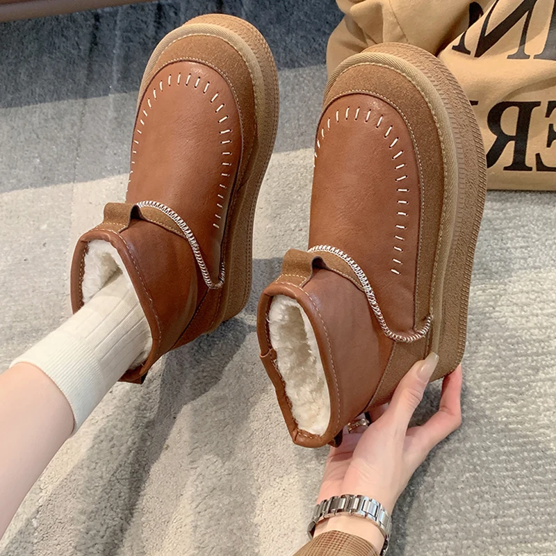 

Зимние ботинки, женская обувь, ботинки на плоской подошве с круглым носком, австралийские женские ботинки на среднем каблуке, кожаные ботинки на резиновой подошве в стиле "Лолита", Снежная ткань, однотонный мех, Sl, 2023