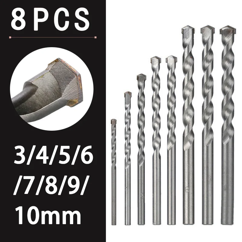 Wall Drill Bit Set 3/8PCS 3 5 6 8 10mm Masonry Drill Bit Carbide Tipped Gun for Brick Concrete Marble Tile Stone Drilling