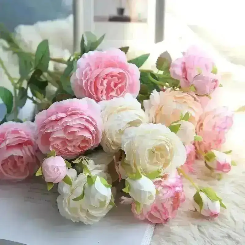 Simulation Of 3 Peony Silk Flowers Home Decoration Rose Bouquet High-end Wedding Decoration Simulation Flower Photography Props