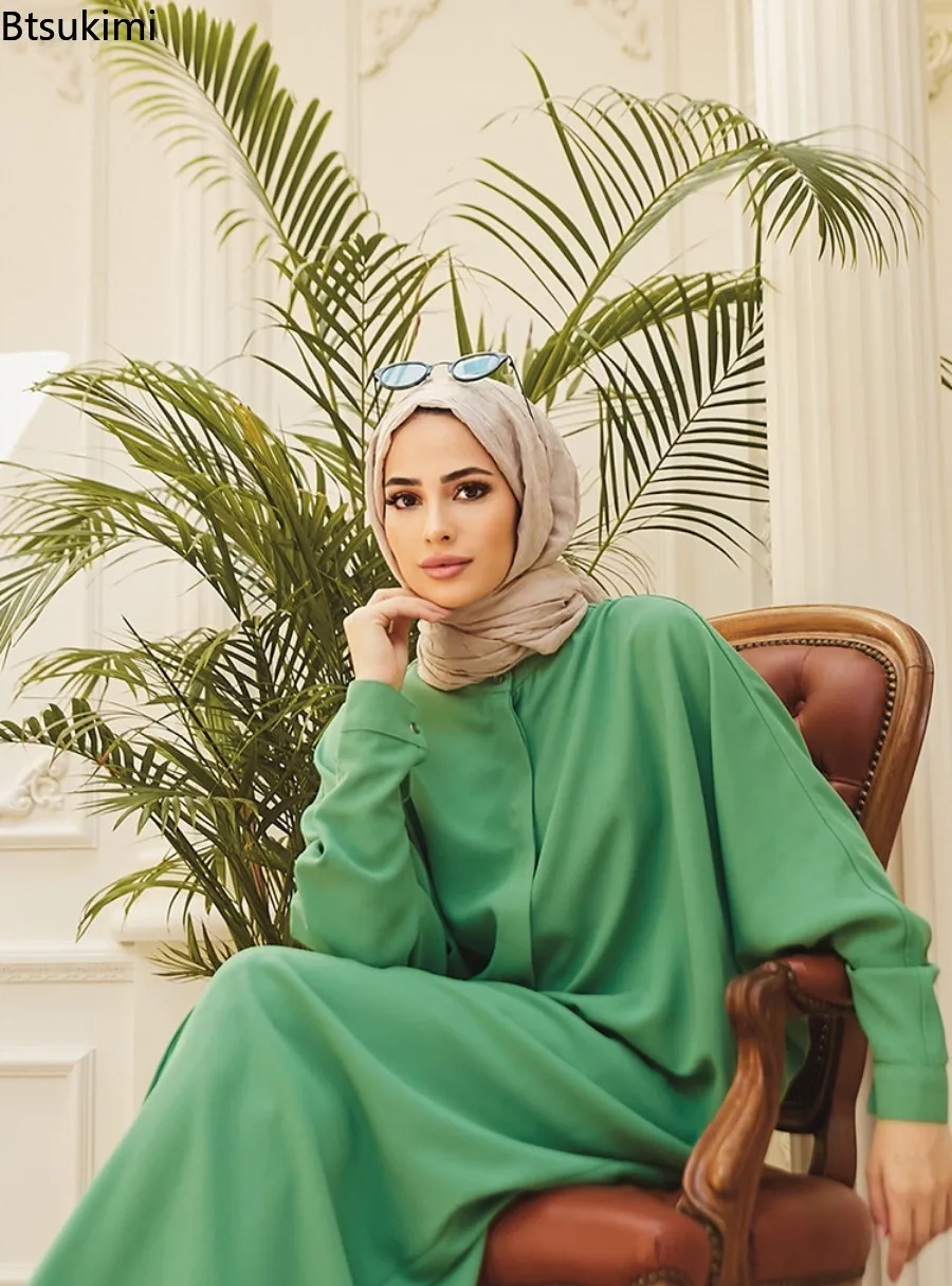 New Fashion Women's Muslim Solid Long Dress Dubai Loose Elegant Bat Sleeves Robes Middle East Kaftan Robe Female Abaya Musulmane