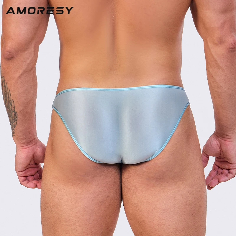 AMORESY Fashion Men's Sexy Glossy Thin Swimming Trunks Breathable Satin Beach Soft Thong Briefs Solid Low Waist Tights Underwear 6