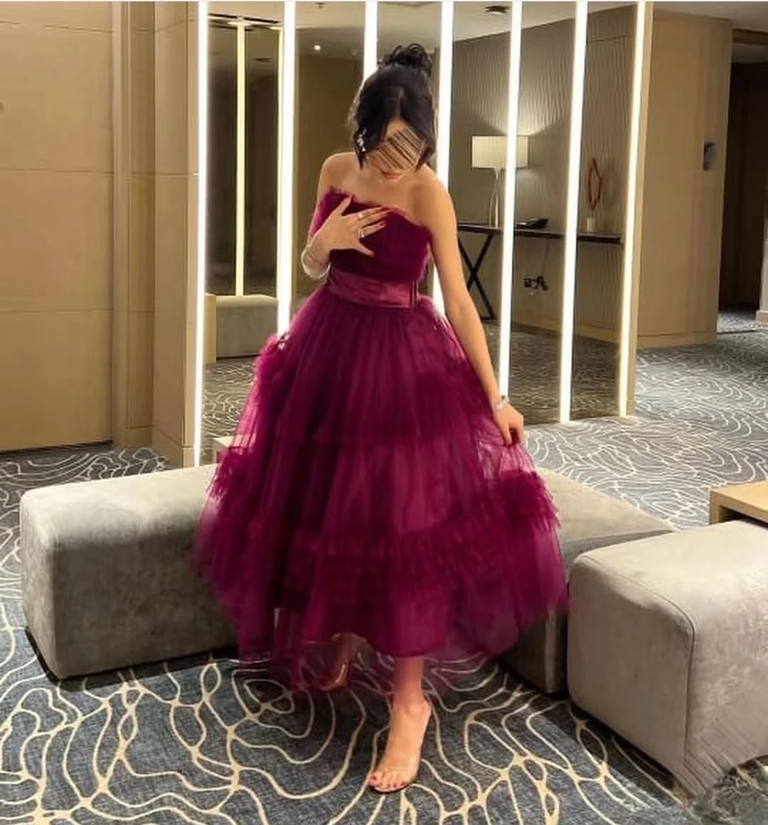 

AsaNagi Women Tulle Evening Dresses A Line Ankle-Length Strapless Wedding Party Elegant Ball Gown 2023 فساتين سهره فاخره