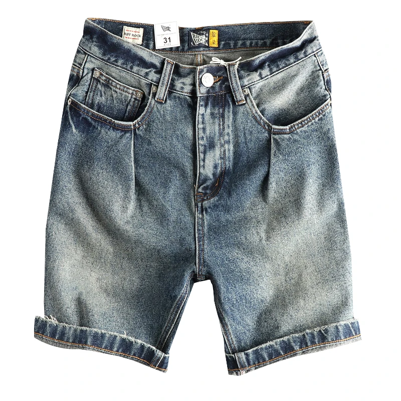 Summer New American Retro Denim Cargo Shorts Men's Fashion 80% Cotton Washed Make Old Loose Straight Casual 4-point Pants