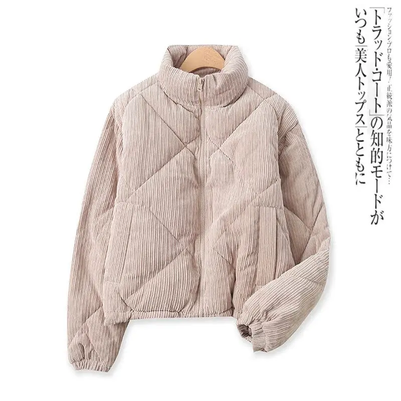 

Corduroy Cotton Jacket Retro Loose Fitting Insulation Stand Neck Zipper Long Sleeved Cotton Jacket 15943