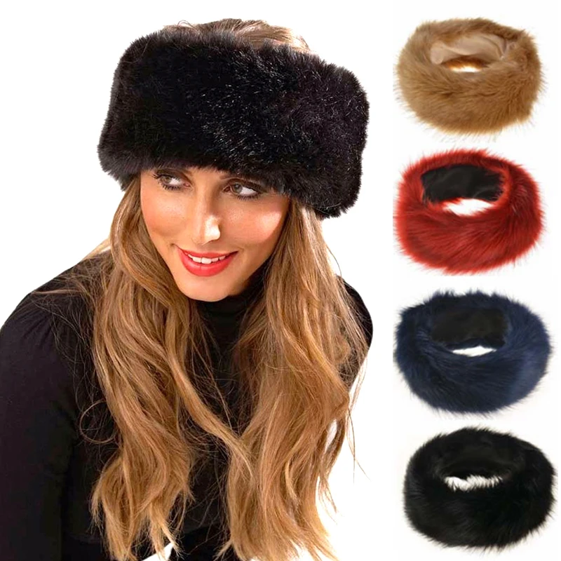 

Women Winter Faux Fur Fluffy Headbands Plush Hairbands Ear Warmer Head Wrap Warm Elastic Soft Outdoor