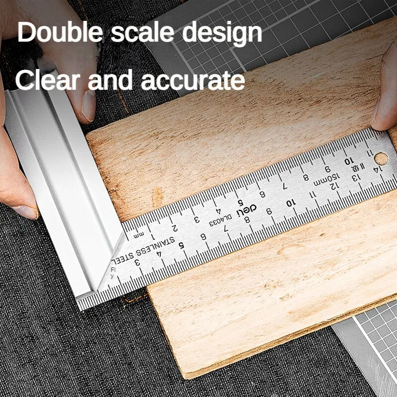 DELI 90 Degree Angle Ruler Stainless Steel L Shape Ruler Double Sided Measuring Tool Metal Straight Woodworking Tools