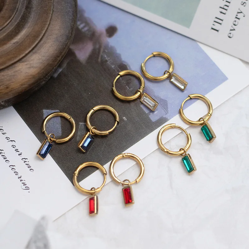 

Women'S Earrings Jewelry Emerald Zircon Earrings Rectangular Pendant Titanium Steel Earrings 18K Gold Simple Pendant