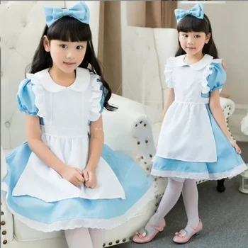 Halloween Baby Girls Kids Anime Alice Adventures Blue Fancy Party Dress Alice Dream Child Lolita Sissy Maid Cosplay Costume