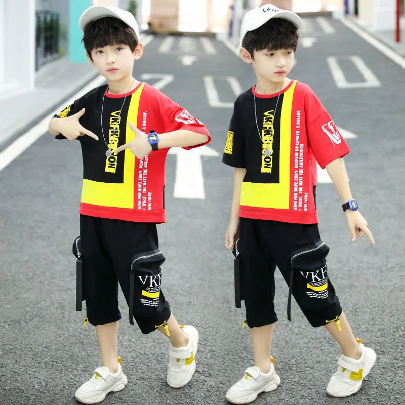 

2023 Boys Sets Summer Clothing New Fashion Letters Patchwork O-Neck Short Sleeve 2 Pieces Suits Teenager Clothes High Quality
