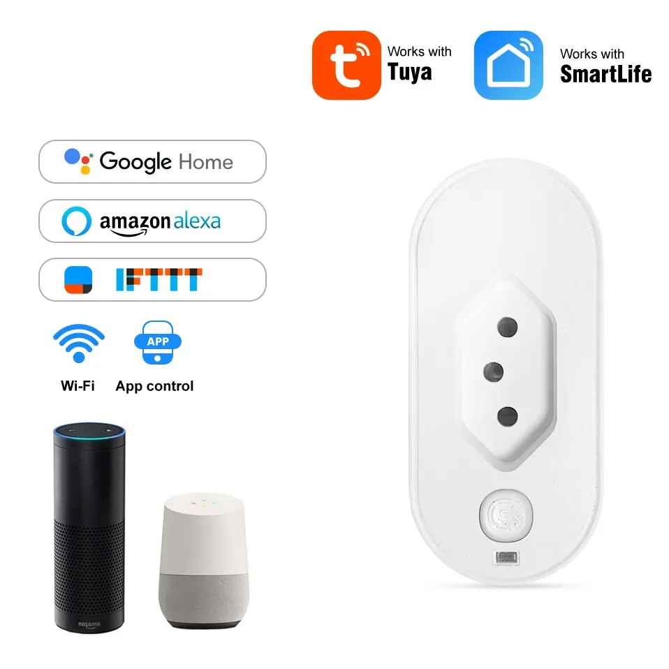 Tuya 16A Brazil Standard WiFi Smart Plug with Power Monitor Smart Life APP Socket Voice Work for Google Home Alexa smart plug