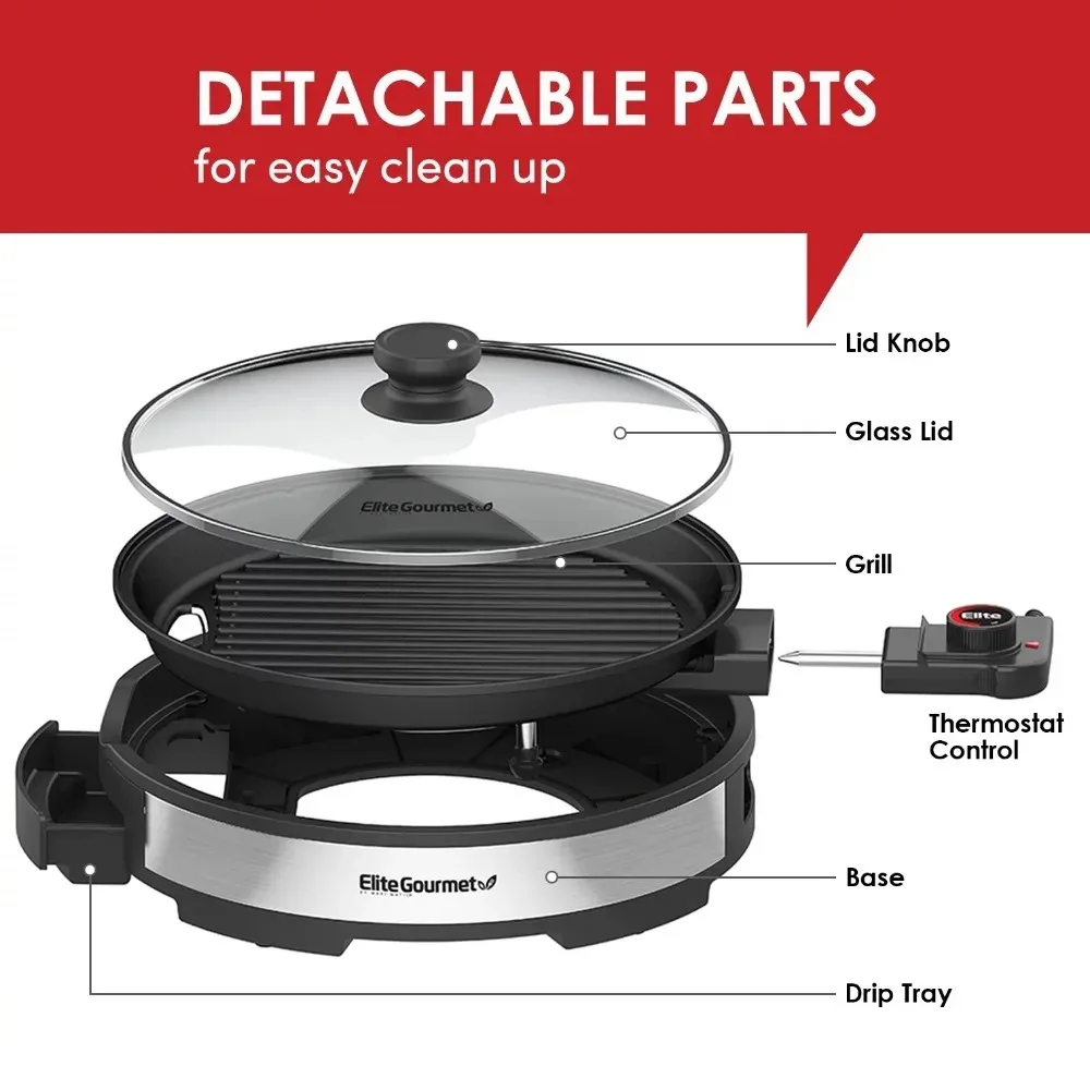 Smokeless Indoor Electric BBQ Grill with Glass Lid, Dishwasher Safe, Nonstick, Adjustable Temperature, Fast Heat Up, Stainless 4