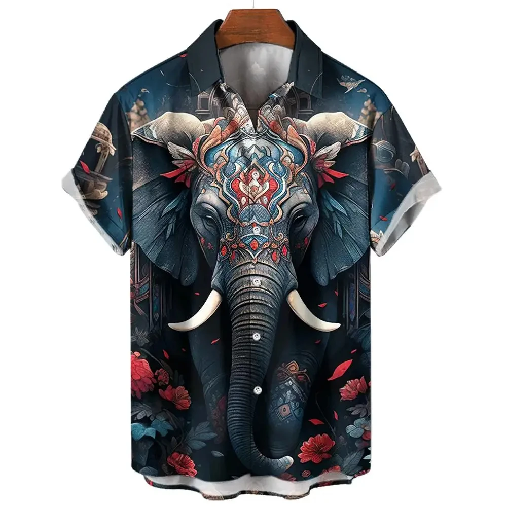 thumbnail image 1 of Camiseta de manga corta con estampado 3D de elefante para hombre, camisa informal personalizada de calle con cuello vuelto y botones, verano 2024, 1 of 5
