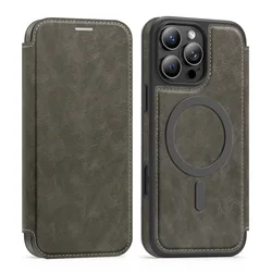 Magsafe Leather Wallet Case with Magnetic Wireless Charging and Credit Card Holder - iPhone 15 Plus (Gray)