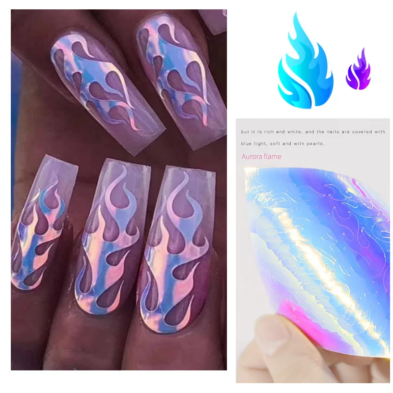3D Holographic Fire Nails Art Stickers Designer Laser Flames Nail Sticker Decal Transfer Foil Decorations Accesoires
