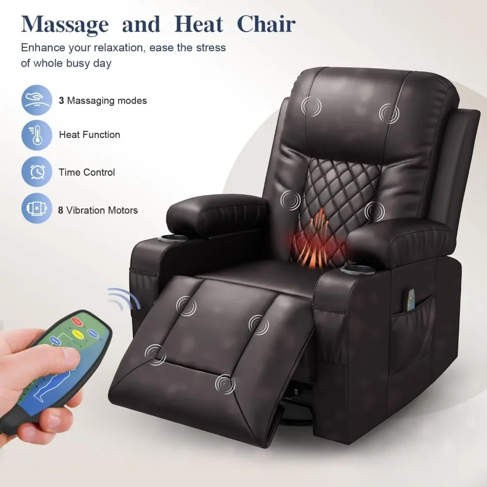 Recliner Chairs for Adults, Swivel and Rocking Recliner with Heat and Vibration, Breathable Leather Ergonomic Single Sofa Chair