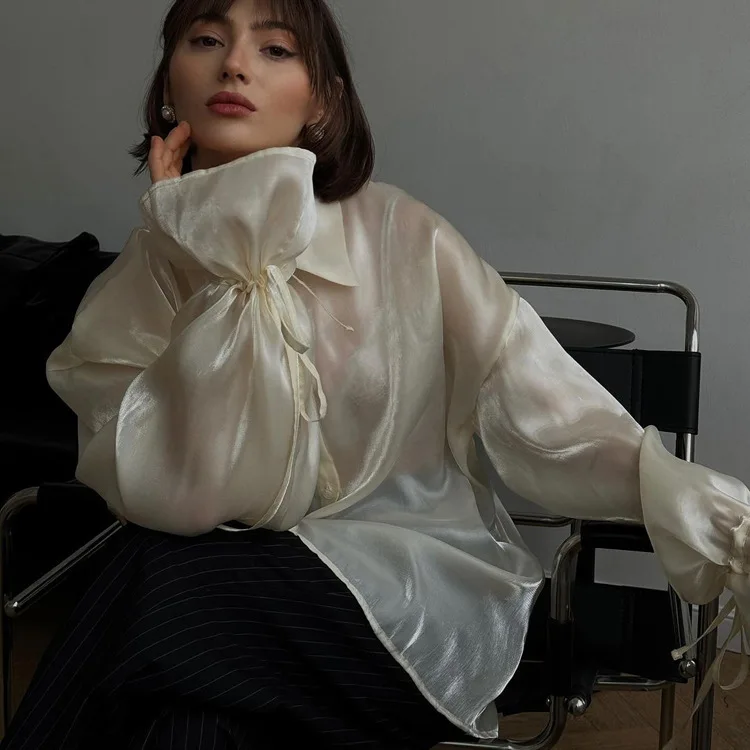 Blusa informal holgada transparente con solapa y manga larga con cordones para mujer, ropa de verano 2025, con parches lisos