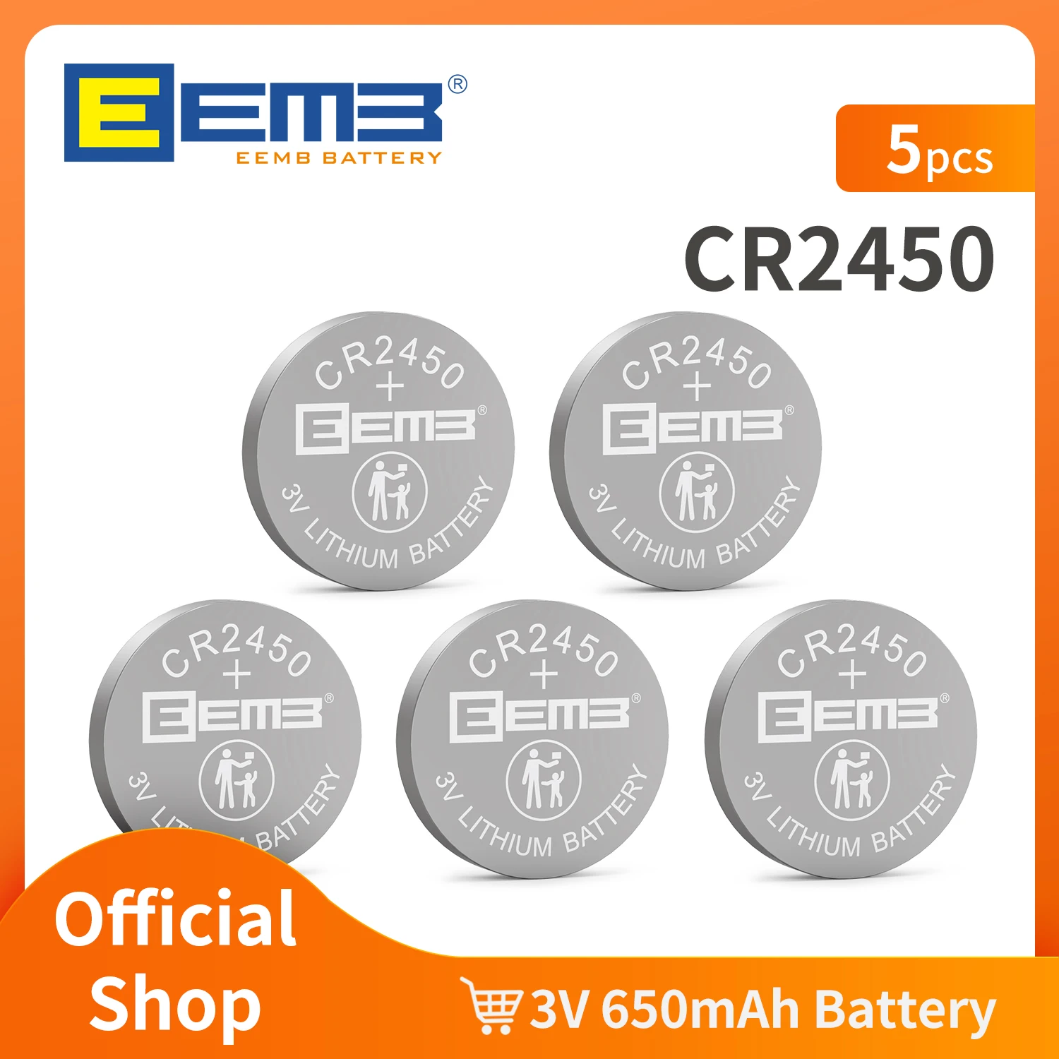 EEMB 5PCS CR2450 Button Battery 2450 3V 550mAh Lithium Battery Coin Cell Batteries for Toy Watch Calculator Remote Car Keys