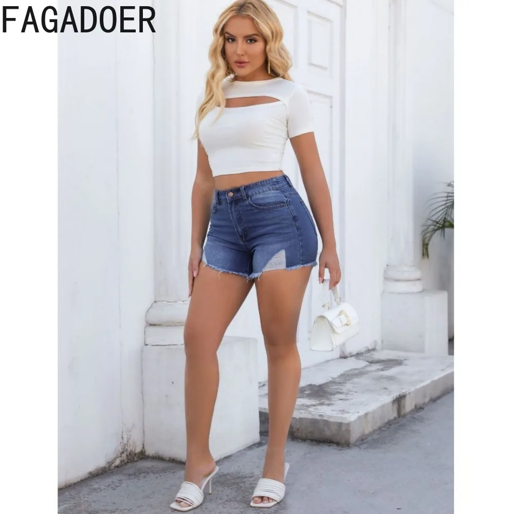 FAGADOER Fashion Denim Hole Shorts Women High Waisted Button Pocket Elasticity Jean Casual Female Cowboy Matching Bottoms 2024