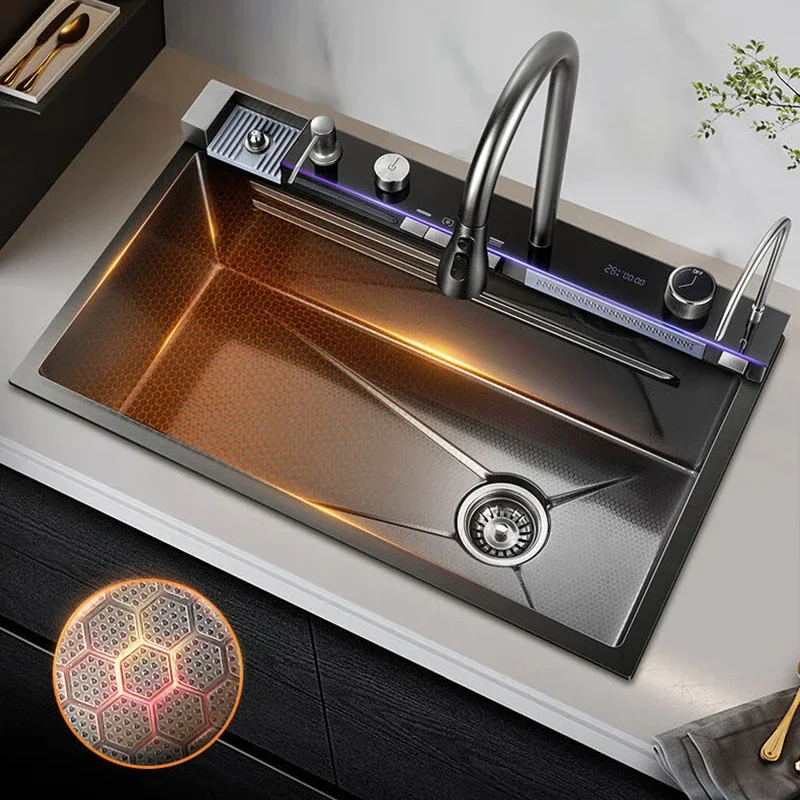 Stainless Steel Large Single Sink Kitchen Waterfall Digital Display Honeycomb Embossed Wash Basin Countertop 6