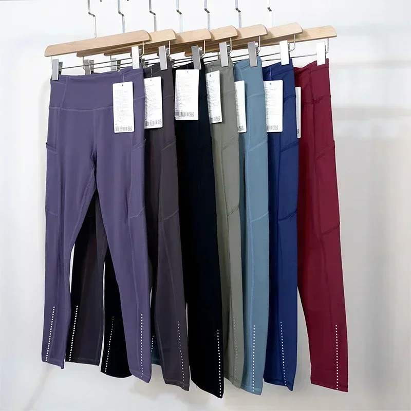 Women High Waist Sports Leggings Side Pocket Reflective Yoga Pants Quick Dry Breathable Fitness Running Workout Trousers