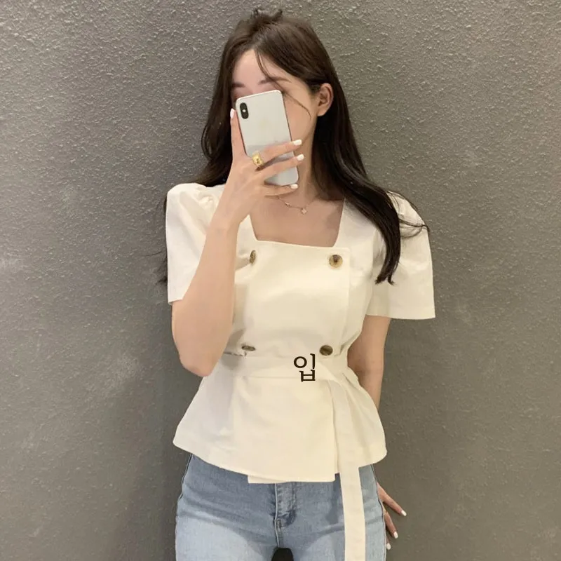 시크 숏 버블 슬리브 셔츠 여성 슬림핏 스퀘어 칼라 벨티드 허리 슬리밍 플라운..