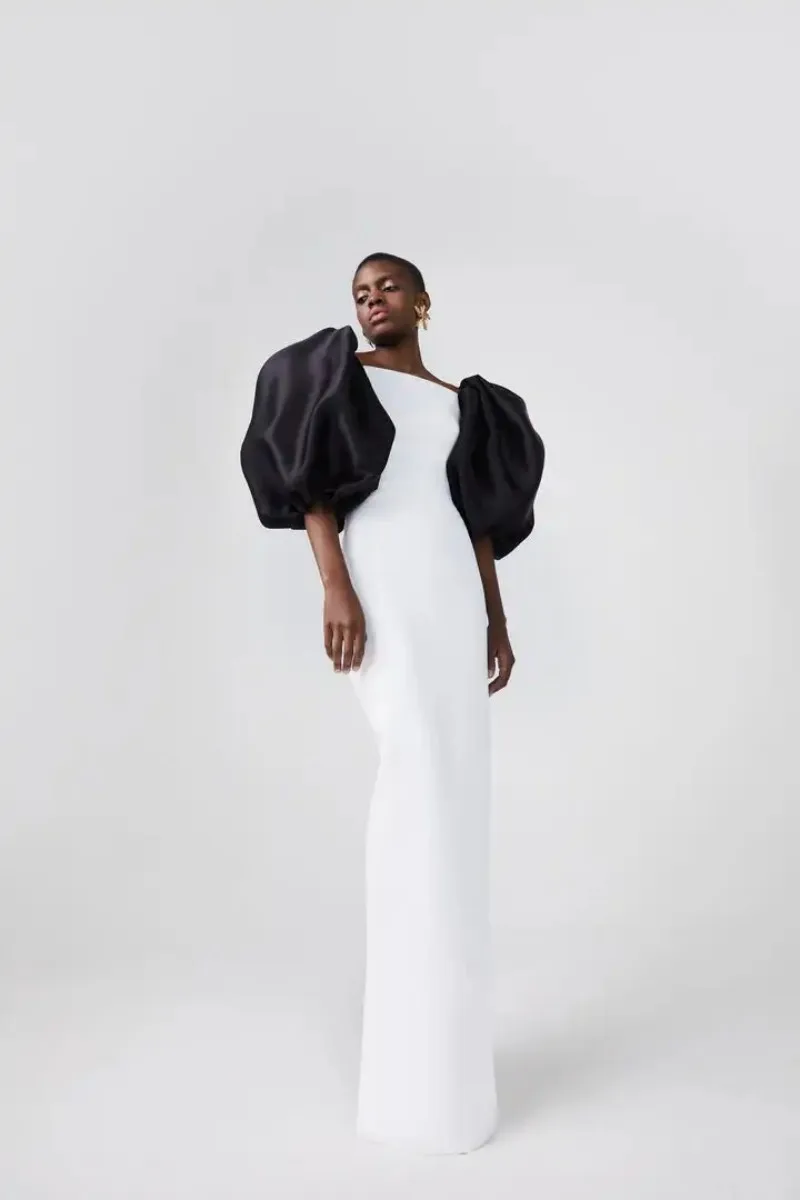 

Romantic White & Black Boat Neck Mermaid High End Straight Prom Dresses Puff Half Sleeves Prom Gowns Formal Party Dresses