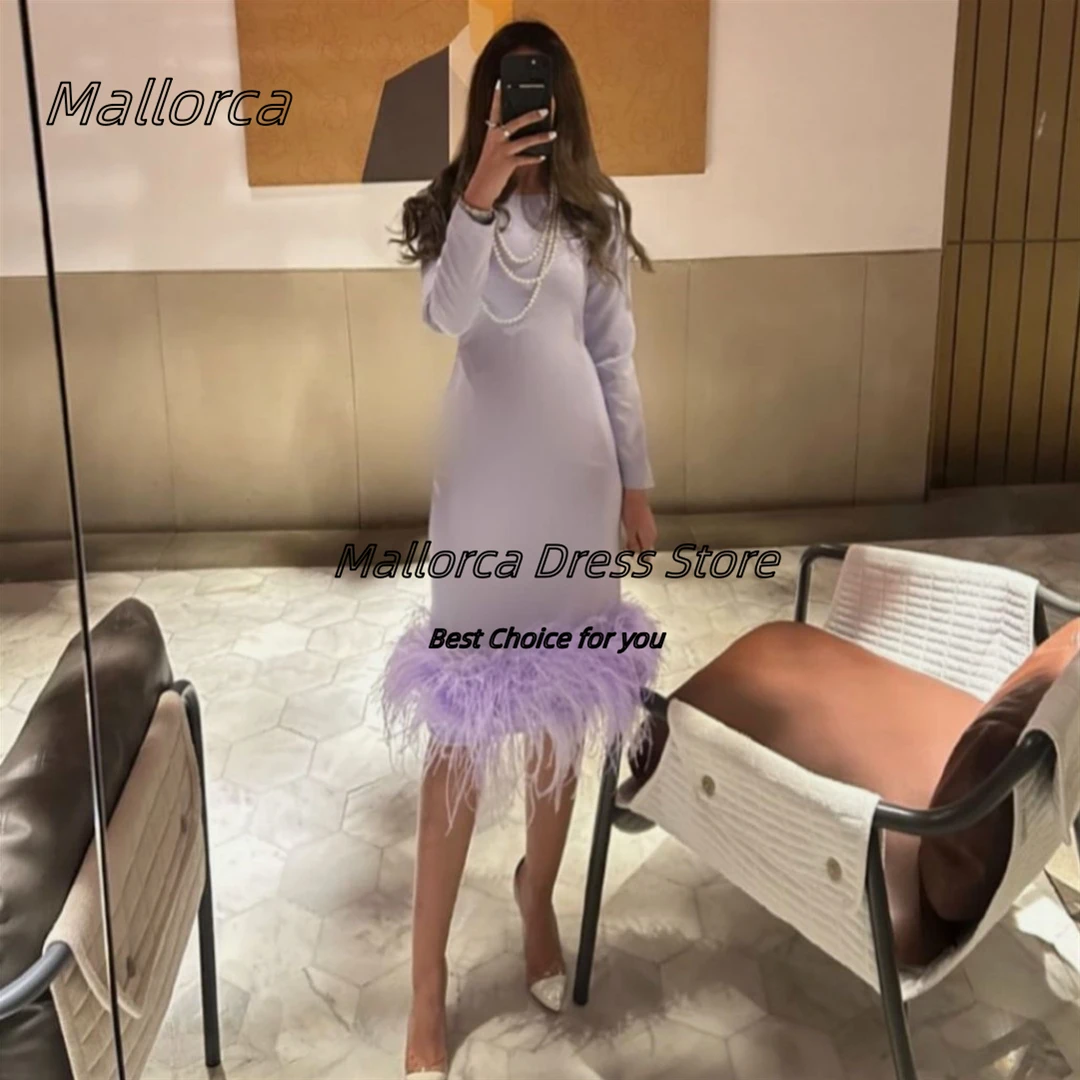 

Mallorca Feathers Edge Short Prom Dresses Long Sleeves Crew Neck Robe Des Cocktail Gowns Zipper Back Wedding Party Dress
