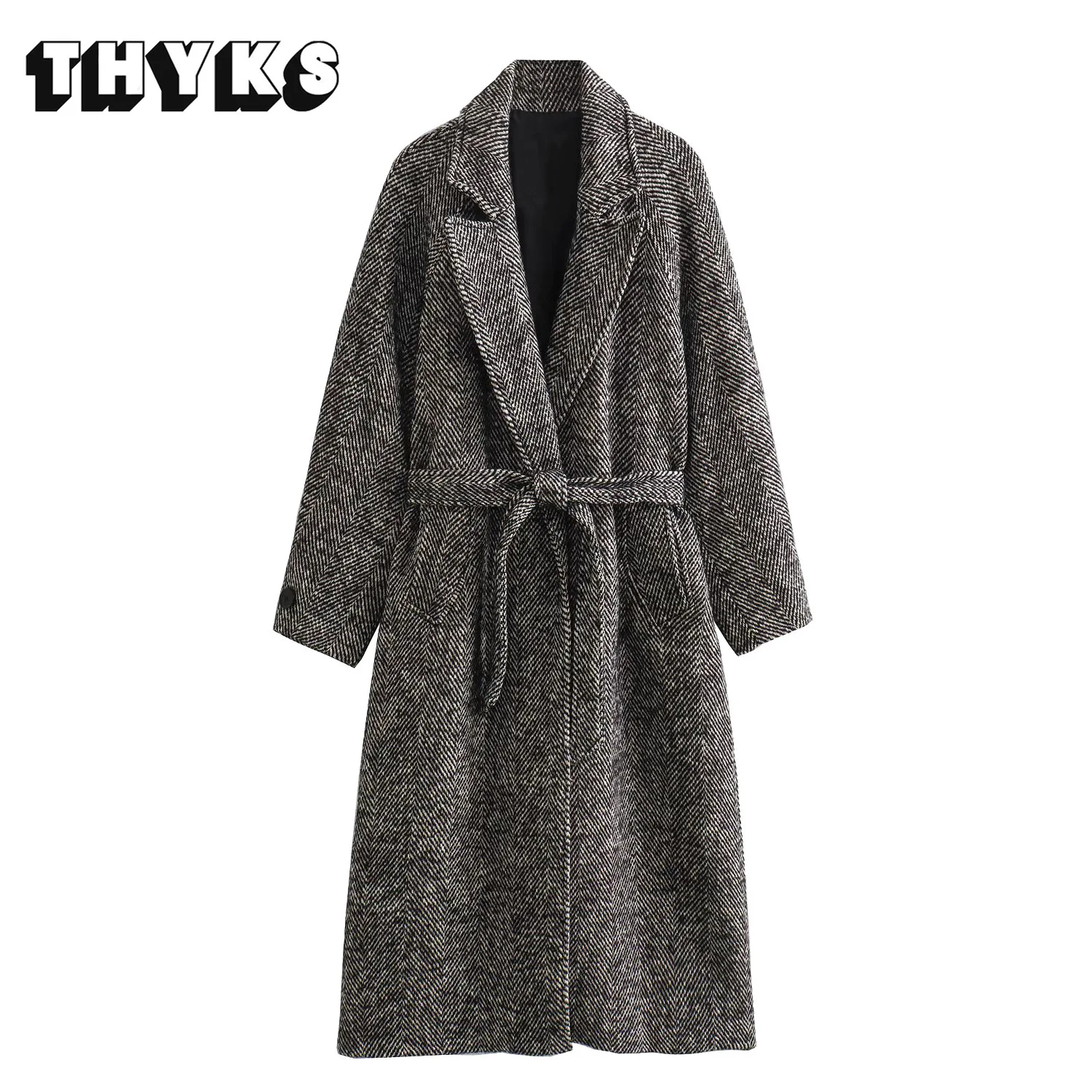 

French Lace Up Twill Coat Women's Street Commuting Blazers Collar Coats European American Style Fashion Long Casual Coat Female