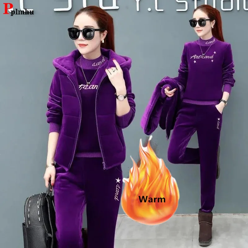 Winter Velvet 3 Piece Sets Thick Tops Hooded Vest Outfit Harem High Waist Pant Suit Embroidery Plush Lined Warm Jogger Tracksuit winter fall stripe 2 piece sets stand collar warm cardigan tracksuit high waist harem pant suits knit soft korean conjuntos